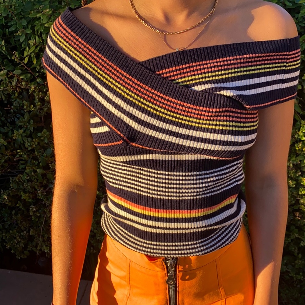 Zara striped, off the shoulder, short-sleeved sweater top.
